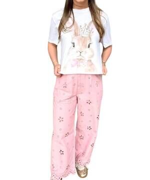 NEW STYLE USA embroidered wide leg pants in pink